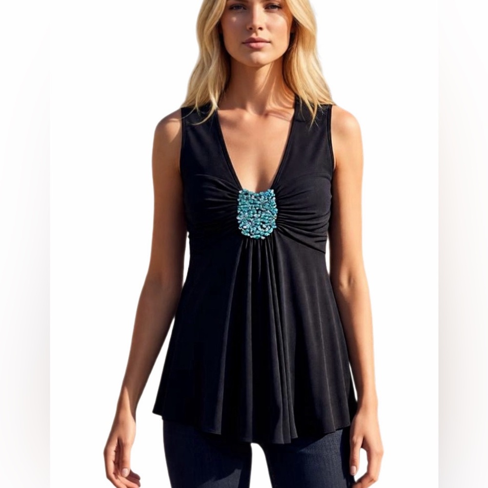 Robert Rodriguez | Black Sleeveless Embellished Top | Asymmetrical Hem / Size M
